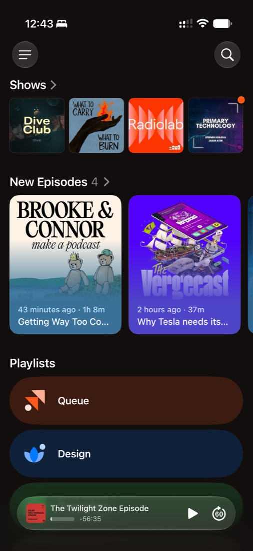 After: the new Home with a row of shows, New Episodes with a count of 4, and Queue as the first playlist
