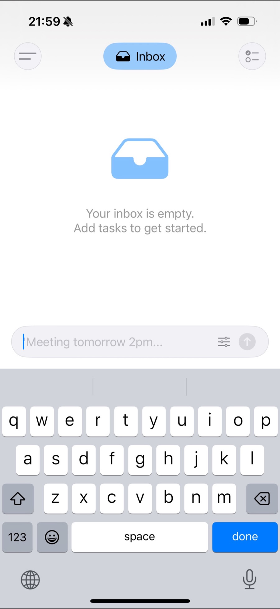 Stack’s input field with the placeholder “Meeting tomorrow 2pm…” above the keyboard