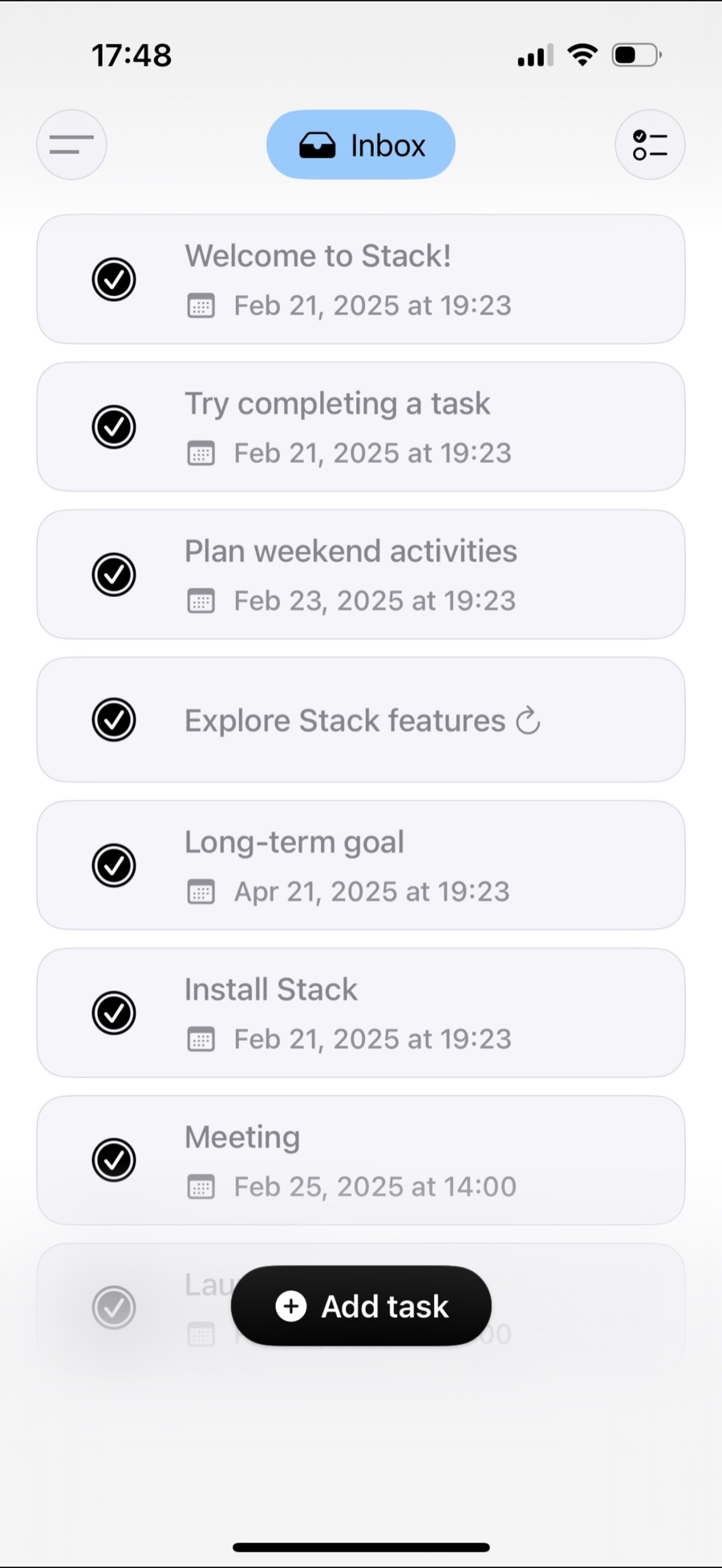 Stack inbox listing tasks, each with its date and time, and an Add task button
