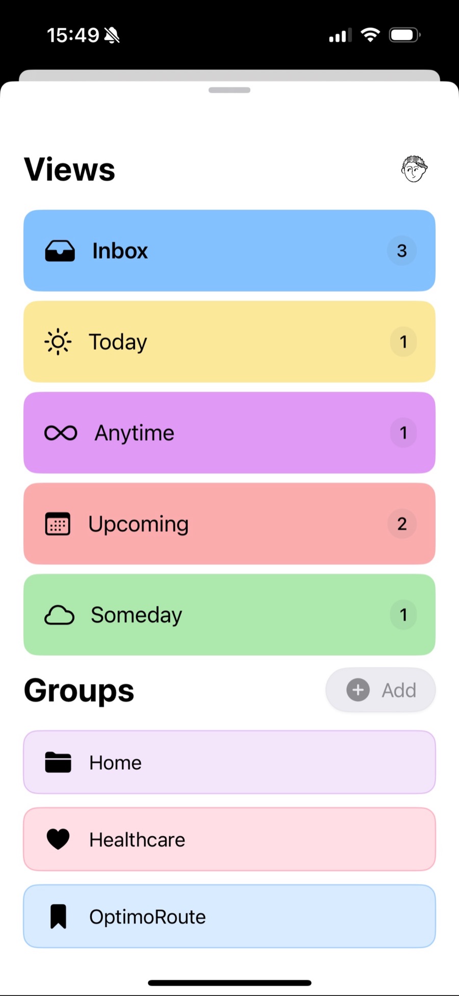 Stack views: Inbox, Today, Anytime, Upcoming and Someday in colour, with Groups below